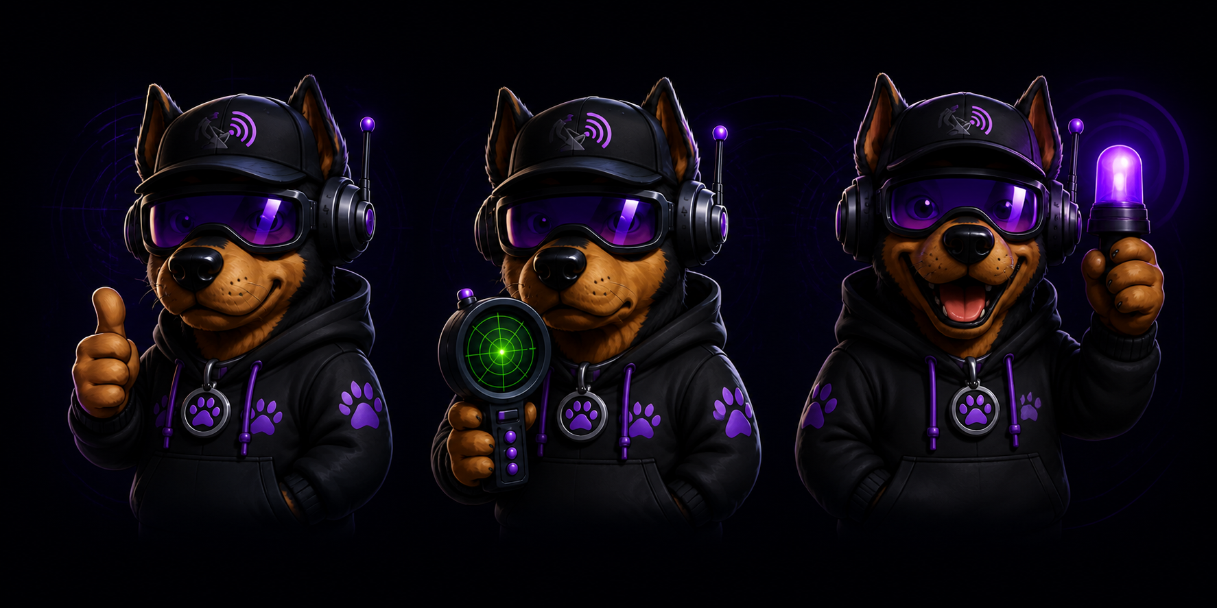 Sniffline mascot focused, detecting a signal, and raising an alert
